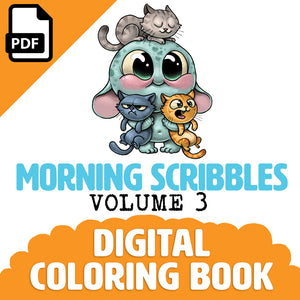 The cover of Chris Ryniak's "Morning Scribbles Digital Coloring Book, Vol. 3" features a cartoonish blue creature with big eyes and colorful cats. Available as a vibrant PDF download, this digital edition promises whimsical fun for coloring book fans.