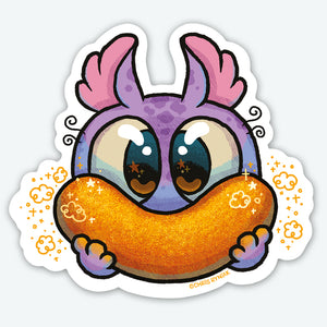 An illustrated Cheezy Poof Sticker of a whimsical creature with large, sparkly eyes, purple and pink ears, and an orange fluffy body, clutching a heart-shaped object and surrounded by cute cloud motifs from Bindlewood Shop.