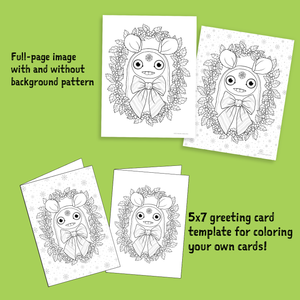 A collection of Holly Jolly Dust Bunny Coloring Page + Greeting Card pages featuring a cute cartoon pig with a bow tie surrounded by a floral pattern, including a full-page design and a printable greeting card template for personal customization offered by Bindlewood Shop.