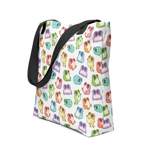 A Friendly Frogs Tote, adorned with playful frog drawings in various pastel shades, is crafted from spun polyester weather-resistant fabric by Bindlewood Shop.