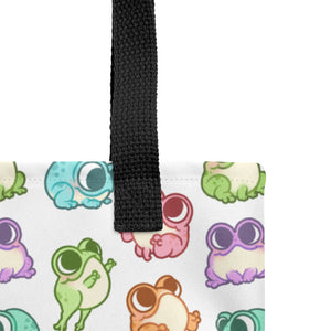 Sturdy black strap attached to a colorful Bindlewood Shop Friendly Frogs Tote adorned with playful frog drawings in various pastel shades on spun polyester weather-resistant fabric.