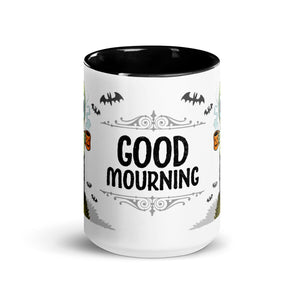 A Halloween-themed ceramic mug with a pun "good mourning" surrounded by decorative bats, ornate designs, and miniature pumpkins, featuring Chris Ryniak's distinctive style. Dishwasher safe for Good Mourning Mug by Bindlewood Shop.