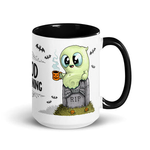 A Halloween-themed ceramic mug featuring a cute cartoon ghost designed by Chris Ryniak sitting on a tombstone with the text "good mourning," surrounded by bats and autumn leaves, dishwasher safe for convenient
- Bindlewood Shop's Good Mourning Mug