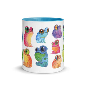 A colorful ceramic Frog Frenzy Mug printed to order with illustrations of whimsical, vibrant frogs from Chris Ryniak's watercolor paintings, wearing glasses and striking playful poses from Bindlewood Shop.
