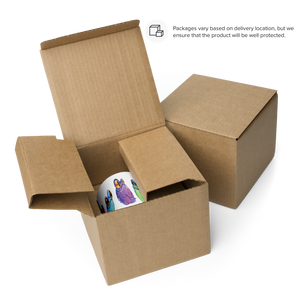 A collection of ornate, colorful Bindlewood Shop Frog Frenzy mugs carefully nestled inside an open cardboard box, with a message ensuring product protection during delivery.