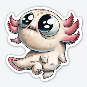 The Axolotl Sticker by Bindlewood Shop features a cute, chubby, cartoon-style axolotl with large, sparkling eyes and pink feathery gills on its head depicted on a white background. This high-quality full-color vinyl sticker showcases the axolotl's soft, round body with tiny limbs and a small tail, giving it an adorable and whimsical appearance.