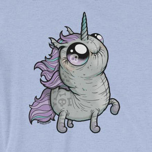 Drawing of a cute, chubby unicorn with big, expressive eyes. The unicorn has a lavender mane and tail, a blue-green horn, and pastel-colored highlights in its hair. Its body is gray with subtle skull patterns, perfect for a Goth Ponycorn Tee from Bindlewood Shop, and it stands on two legs against a light blue background.