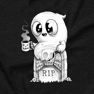 Wearing a cozy "Good Mourning Tee" with a vintage look from Bindlewood Shop, a cute cartoon ghost with big eyes sits on a gravestone that reads "RIP." The ghost is holding a steaming mug with a jack-o'-lantern design, while flowers are placed at the base of the gravestone. The background is black.