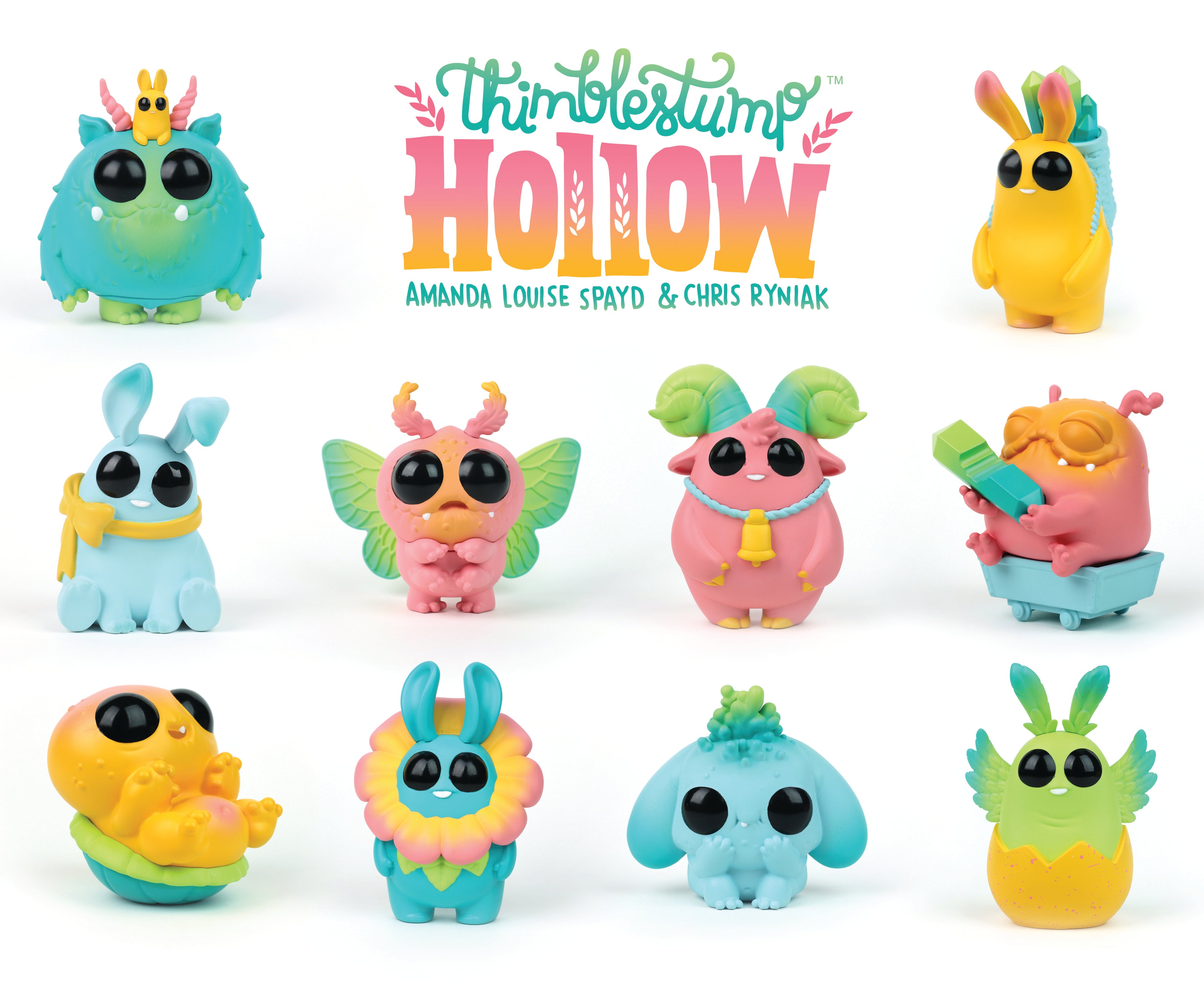 Ten colorful, whimsical creature figurines with big black eyes are displayed in two rows under the "Thimblestump Hollow" logo by Amanda Louise Spayd & Chris Ryniak.