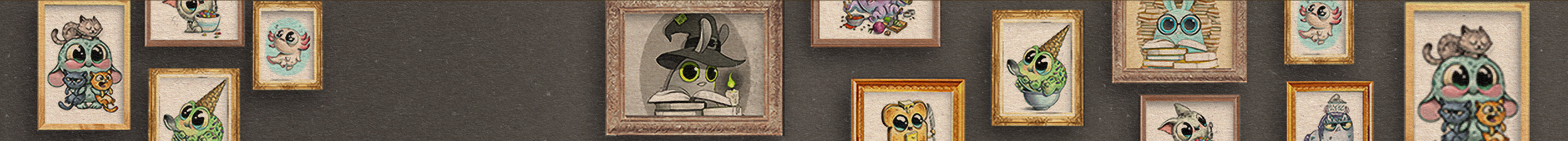 A wall displays framed illustrations of cartoon animals, many wearing hats or glasses, some with books and plants, arranged in various sizes and styles against a brown background.