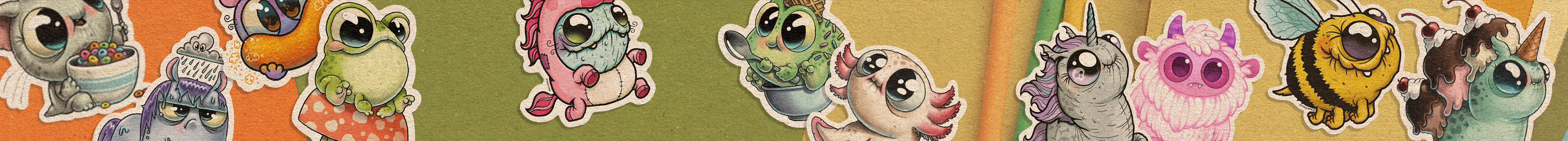 A collection of cute, colorful cartoon creature stickers is arranged on a pink and purple background, with some placed near a notepad, pencils, and paper clips.