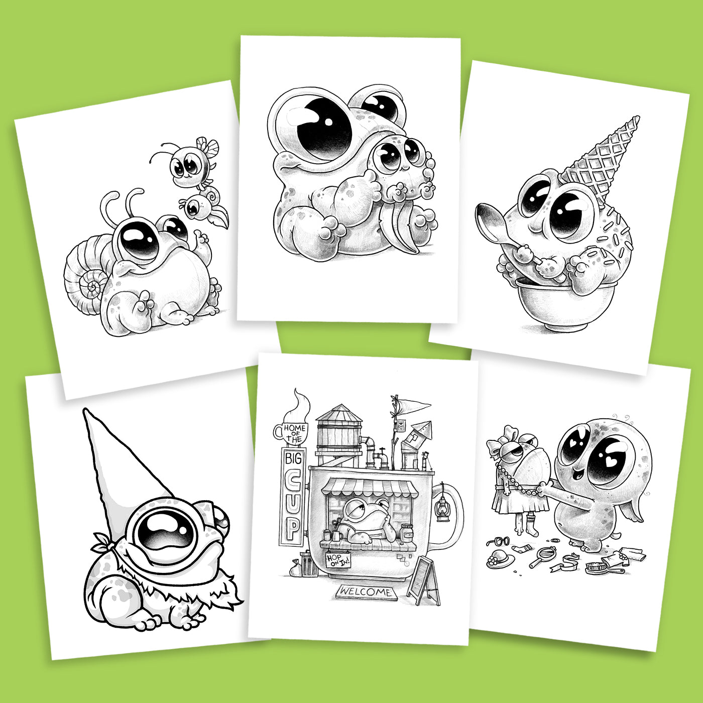 Explore "Frogs & Friends Digital Coloring Book, Vol. 2" by Chris Ryniak featuring six delightful black and white cartoon drawings of big-eyed creatures like a snail, frogs, a dinosaur with ice cream, and a gnome in a café scene. Perfect for coloring book fans! Background is light green.
