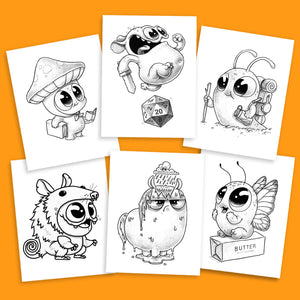 A collage of six whimsical cartoon sketches from the "Morning Scribbles Digital Coloring Book, Vol. 3," each featuring a different adorable character with playful elements, from a mushroom-capped creature and a dice-toting cyc