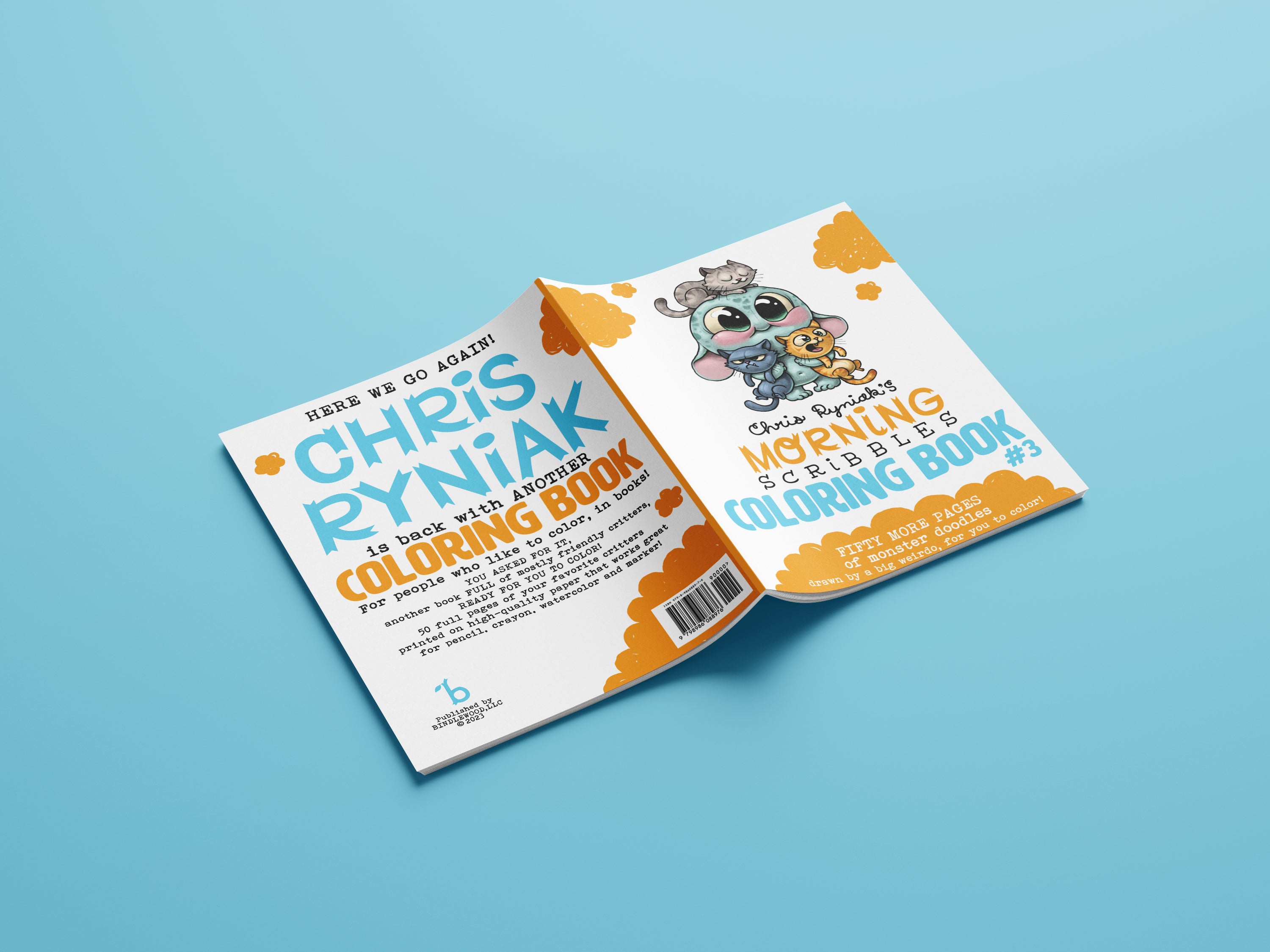 An open coloring book titled "Bindlewood Shop Morning Scribbles Coloring Book #3" resting on a solid blue background, showcasing playful creature illustrations on high-quality coloring paper ready to be colored.