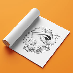 A playful sketch of an adorable cartoon dinosaur taking a bubbly bath, peeping playfully from the page of a sketchbook against an orange background in the Bindlewood Shop Morning Scribbles Coloring Book #3.