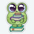 The READ-A-BIT Sticker by Bindlewood Shop features a cartoon frog with big eyes holding colorful books on a large book. This durable, matte-finish sticker adds charm to any surface.