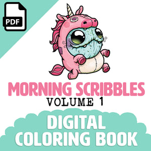 Comic-style illustration of a quirky unicorn fish hybrid character designed by Chris Ryniak with the text "Morning Scribbles Digital Coloring Book, Vol. 1" and a PDF icon on top