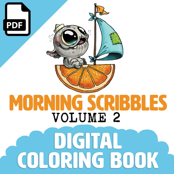 The cover for "Morning Scribbles Digital Coloring Book, Vol. 2" by Chris Ryniak showcases a big-eyed cute creature on an orange slice with a sailboat against a blue and white cloudy backdrop, including a PDF icon in the top left—ideal for your next digital coloring adventure.