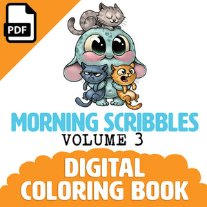 A Bindlewood Shop Morning Scribbles Digital Coloring Book, Vol. 3 cover featuring adorable cartoon animals, with an elephant, a grumpy blue cat, and a cheerful orange lion cub stacked playfully on top of each other.