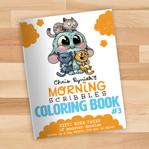 A whimsical Morning Scribbles Coloring Book #3 cover, showcasing Chris Ryniak’s "morning scribbles" with cute creature doodles, including a big-eyed monster with smaller ones stacked from Bindlewood Shop