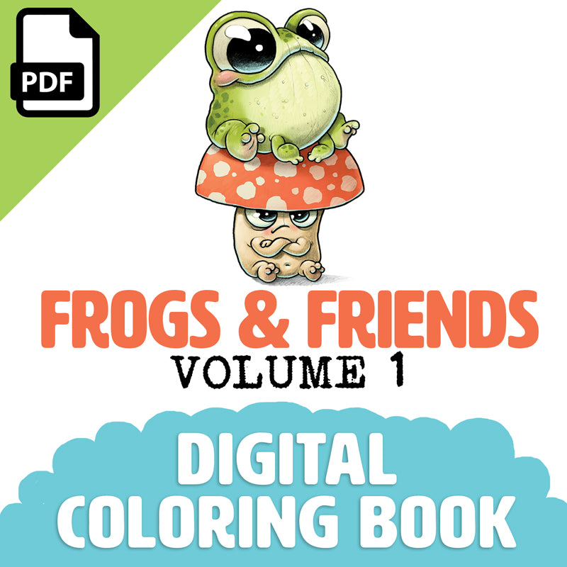 Illustration of a cute frog on a mushroom with a smile. Text says "Frogs & Friends Digital Coloring Book, Vol. 1" by Chris Ryniak with a PDF download icon in the top left corner.