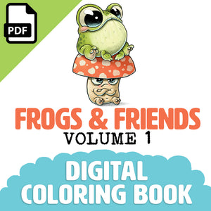 A whimsical Bindlewood Shop downloadable coloring book cover featuring a cartoon frog on a mushroom with its tiny friends, titled 'Frogs & Friends Digital Coloring Book, Vol. 1'.