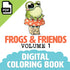 Illustration of a cute frog on a mushroom with a smile. Text says "Frogs & Friends Digital Coloring Book, Vol. 1" by Chris Ryniak with a PDF download icon in the top left corner.