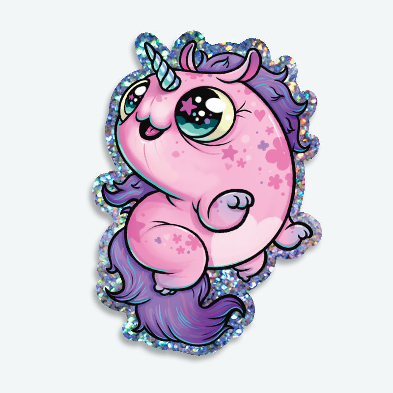 A charming Glitter Flooficorn Sticker from Bindlewood Shop features a chubby pink unicorn with big sparkling eyes, a purple mane and tail, glittery accents, and whimsical star patterns—making it a delightful accessory inspired by the art of Chris Ryniak.