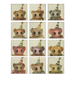 A grid of 12 eerie, vintage-style “Threadbear Adoption” stuffed bear dolls by Bindlewood Shop, each wearing a colorful party hat and ruffled collar, featuring large glass eyes and toothy grins in assorted fur colors, all set against retro dotted backgrounds.