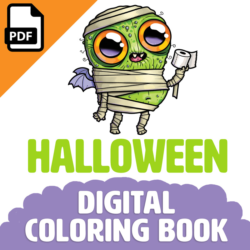 A quirky mummy character with big, cute eyes holding a candy bar and a roll of toilet paper, designed by Chris Ryniak, is featured on the cover of a Halloween-themed Chris Ryniak Digital Coloring Book.
