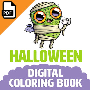 A quirky mummy character with big, cute eyes holding a candy bar and a roll of toilet paper, designed by Chris Ryniak, is featured on the cover of a Halloween-themed Chris Ryniak Digital Coloring Book.