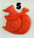 A hand-sculpted red snail magnet from Bindlewood Shop’s Halloween Magnets, featuring a smiling face, spiral shell, pointed witch hat with buckle, and a bold black “5” above its head on a white background.