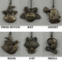 Set of six bronze-colored Painted Mini Ornaments by Bindlewood Shop: witch with hat, bat, ghost with pumpkin, snail with witch hat, cat with skull bow, and skull with crossbones—spooky Chris Ryniak-inspired designs.