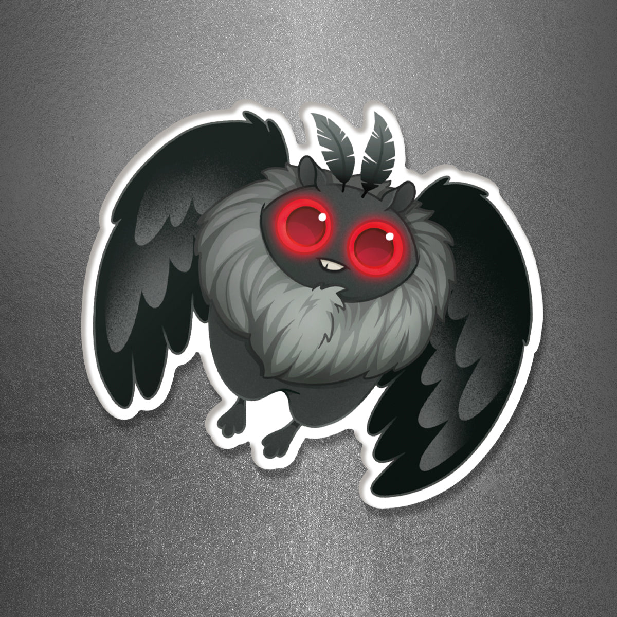 Add a touch of whimsy to your fridge with the Bindlewood Shop Mothman Magnet—featuring a cartoon depiction of the legendary creature with fluffy gray fur, large glowing red eyes, tiny fangs, short horns, and wide black wings on a textured gray background. Perfect as a novelty decoration or a unique collectible for any Mothman fan!.
