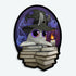 The Mystical Witchbunny Sticker from Bindlewood Shop features a cute cartoon bunny in a wizard hat reading by candlelight, surrounded by books and glowing mystical symbols—a charming witchy design.
