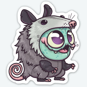 A whimsical cartoon sticker of a wide-eyed possum with a large, goofy grin, showcasing exaggerated, comical features as a Bindlewood Shop Opossum Suit Sticker.