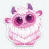 The Pink Yeti Sticker by Bindlewood Shop features a cute pink cartoon yeti with big purple eyes, striped horns, tiny fangs, and long fur. This durable matte sticker shows the fluffy creature standing and looking up sweetly.