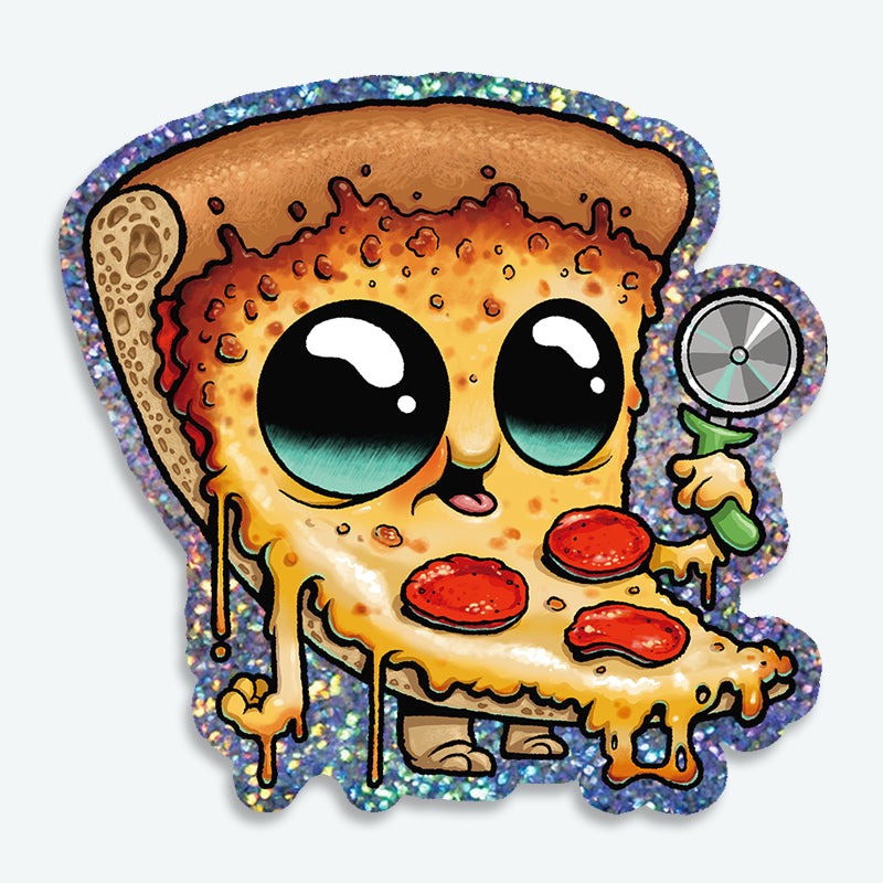 Introducing the Glitter Pizza Boy Sticker from Bindlewood Shop: a charming cartoon pizza slice with big, shiny eyes, clutching a pizza cutter and sporting two pepperoni slices on its cheesy body. It’s outlined with a sparkling, glittery border and finished with a glossy shine—perfect for any pizza lover!.