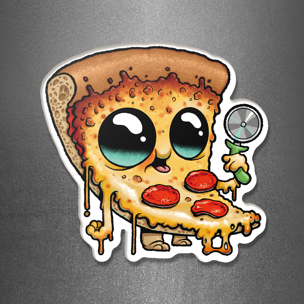 Bring some fun to your fridge with the Pizzaboy Magnet from Bindlewood Shop! This playful magnet features a cartoon slice of pepperoni pizza with large, shiny eyes and a pizza cutter in hand, standing upright against a textured gray background—a vibrant acrylic accessory sure to brighten up any collection.