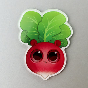 A cute cartoon sticker of a "Spicy Radish" from Bindlewood Shop with big, expressive eyes and green leaves on top.