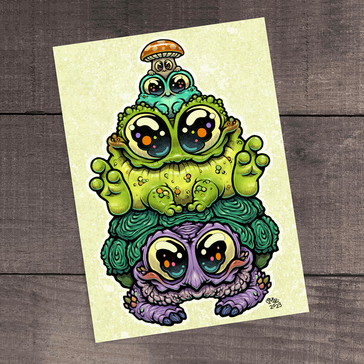 A quirky illustration of a "Swamp Stack" Print, a colorful stacked monster totem by Chris Ryniak, each creature with big, expressive eyes and inspired by Bindlewood, set against a textured background.