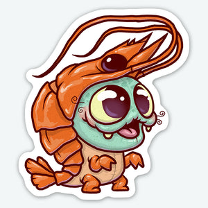 A whimsical, full-color vinyl sticker illustration of a creature that is a combination of a shrimp and a wide-eyed, cartoonish character designed by Chris Ryniak, looking joyful and playful, such as the "Shrimp Suit Sticker" from Bindlewood Shop.