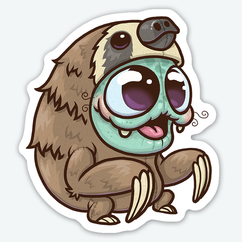 The Sloth Suit Sticker from Bindlewood Shop is a cute vinyl sticker featuring a cartoon creature with a furry sloth body, turquoise face, shiny eyes, small fangs, long claws, and a sloth hood—finished with durable matte.