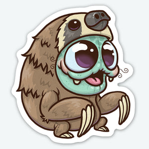 A quirky and cute Bindlewood Shop Sloth Suit Sticker of a sloth wearing an oversized pilot's cap, with big, teary eyes, an endearing smile, and tongue sticking out.