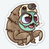 The Sloth Suit Sticker from Bindlewood Shop is a cute vinyl sticker featuring a cartoon creature with a furry sloth body, turquoise face, shiny eyes, small fangs, long claws, and a sloth hood—finished with durable matte.