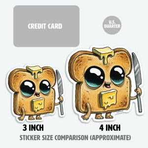 An illustration comparing sticker sizes using adorable animated toast characters with butter, designed by Chris Ryniak, where a 3-inch full-color Shrimp Suit Sticker from Bindlewood Shop is notably smaller than a 4-inch full-color sticker.