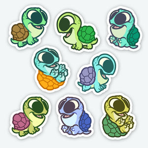 A collection of cute cartoon "Turtles" Mini Sticker Set stickers, each with a unique color and pose, showcasing different cheerful expressions and activities, designed by Chris Ryniak. Created by Bindlewood Shop.
