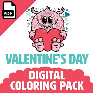 A cute cartoon monster by Chris Ryniak holding a heart with the text "Valentine's Day Digital Coloring Pack" and a PDF icon on the top left corner.