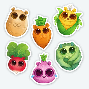A collection of cute matte vinyl stickers featuring anthropomorphic vegetables with smiling faces - "Veggies" Mini Sticker Set by Bindlewood Shop.