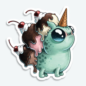 The Wafflecorn Sundae Sticker (3-inch) by Bindlewood Shop features a cute green cartoon creature with big blue eyes, an ice cream cone horn, and scoops on its back—a sweet unicorn vinyl sticker with a durable matte finish.